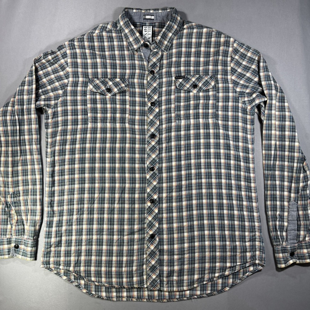 Surf Billabong Shirt Mens Flannel XL Green Plaid Long Sleeve Button Front Cotton